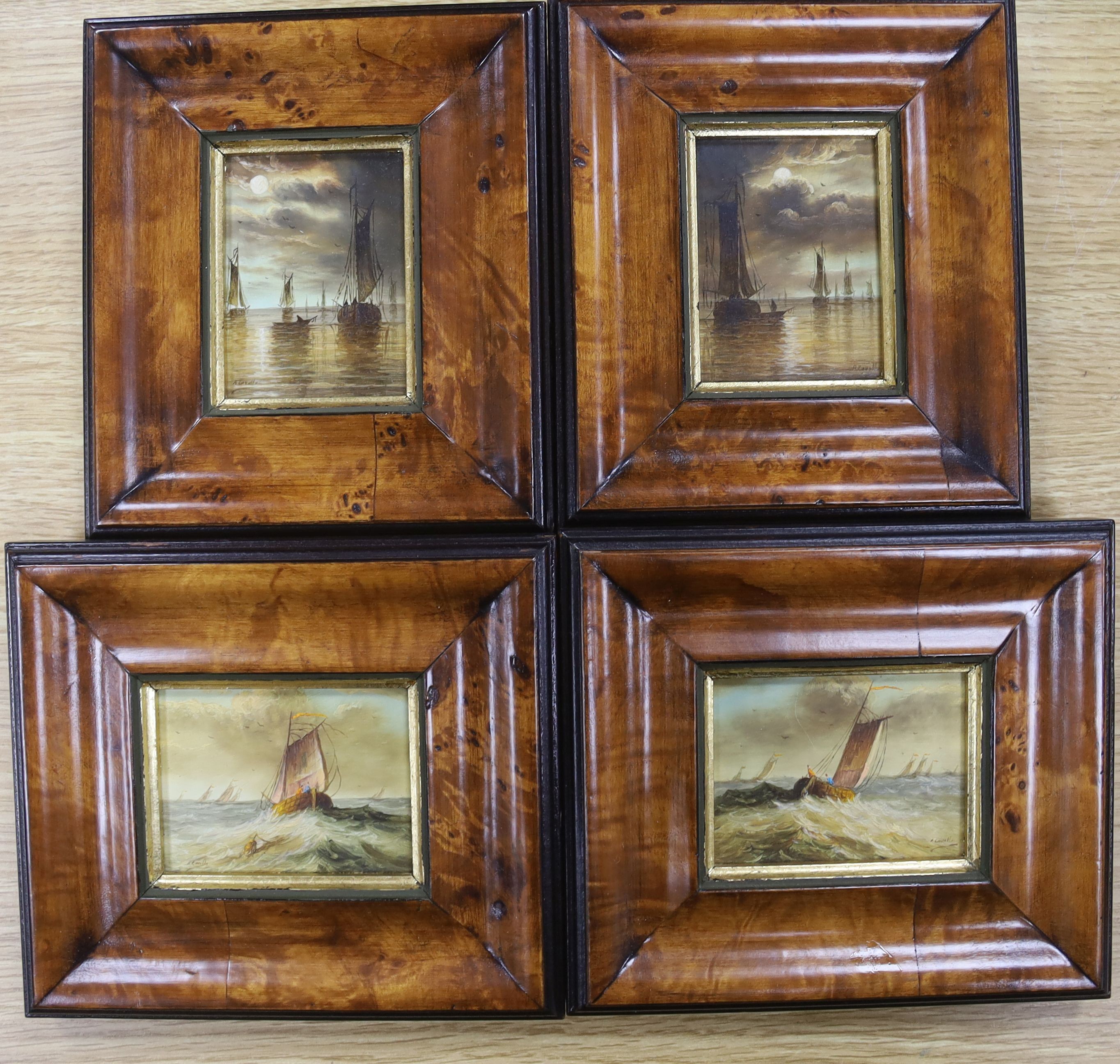 A. Cavello, two pairs of oils on board, Fishing boats at sea, 7.5 x 5.5cm and 5.5 x 7.5cm